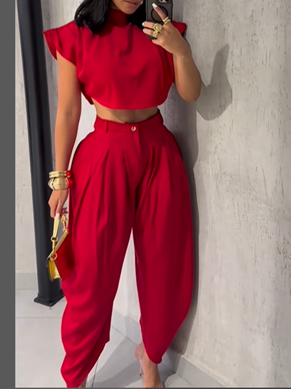 Solid Mock-Neck Top & Heram Pants Set