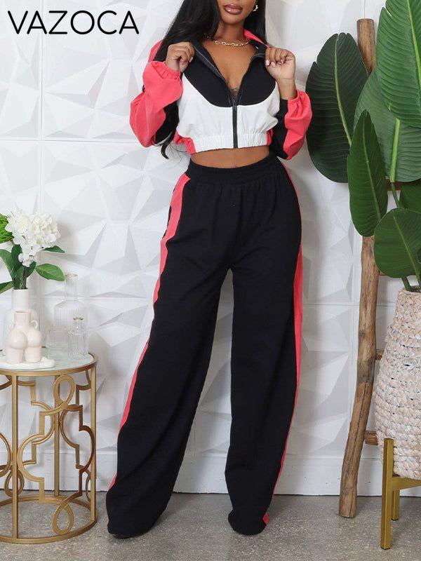Colorblock Jacket & Wide-Leg Pants Set