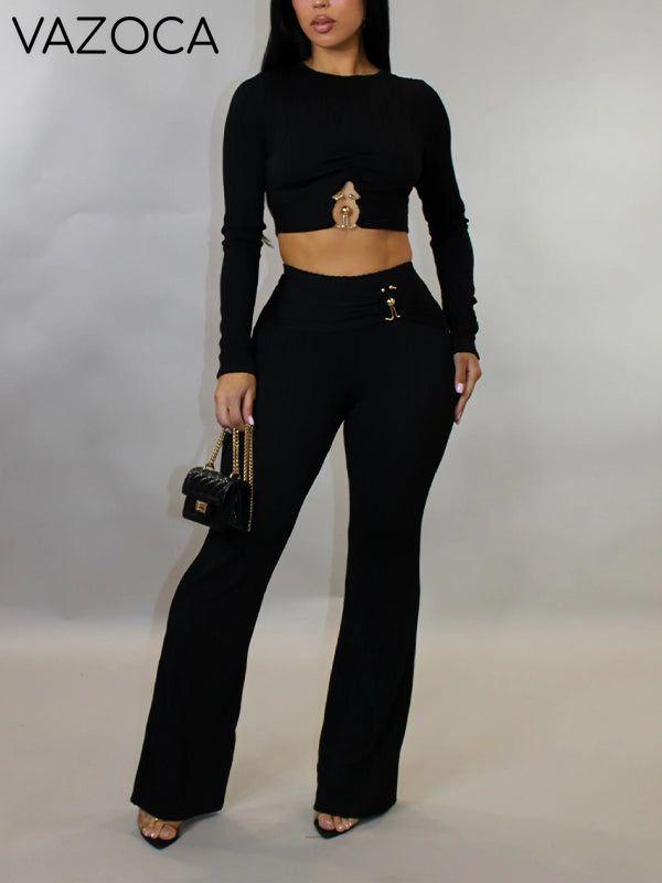Solid Ribbed Pants Set