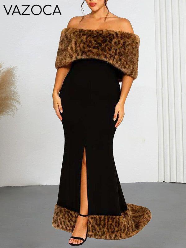 Faux-Fur Combo Off-Shoulder Maxi Dress