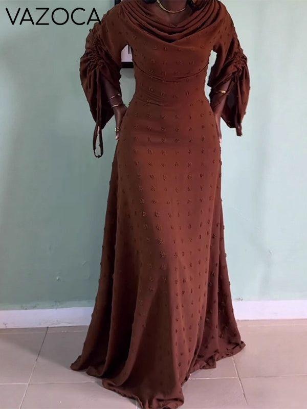 Cowl-Neck Ruched-Sleeve Maxi Dress