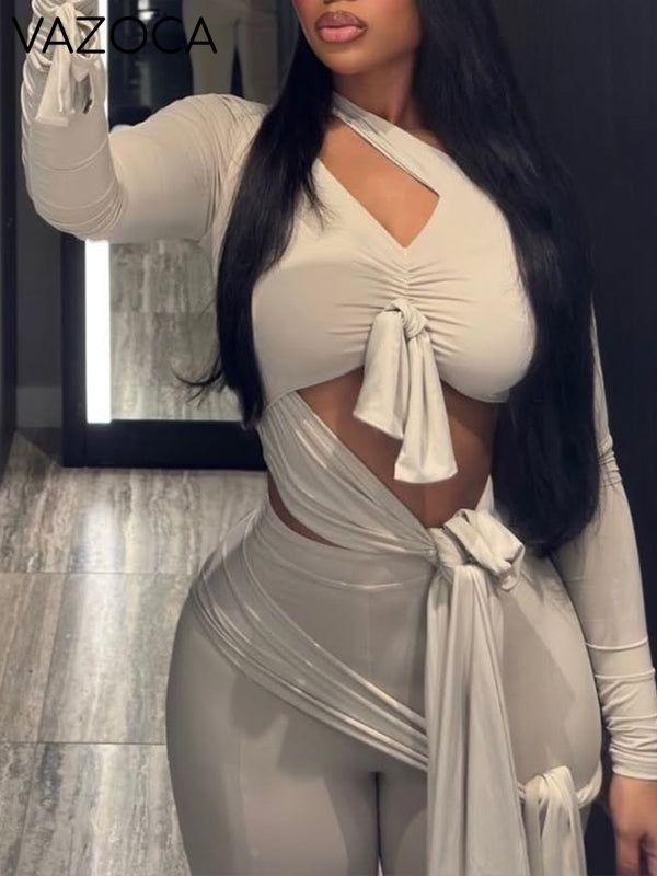Solid Tied Cutout Top & Pants Set