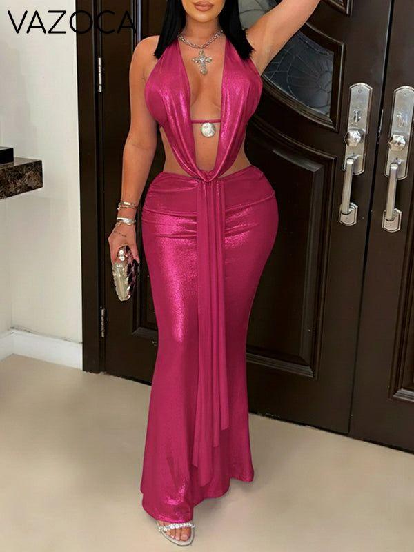 Metallic Halter Top & Skirt Set