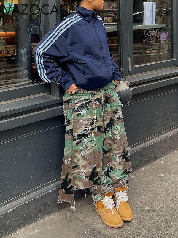 Camo Double-Waist Ripped Jeans
