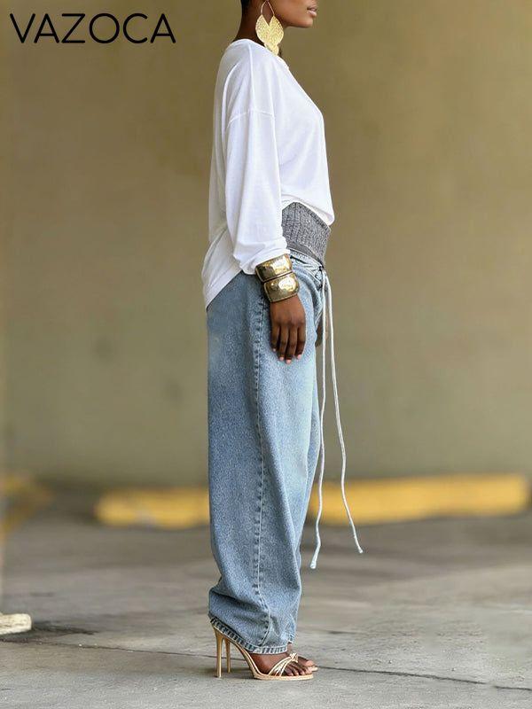 Drawstring Combo Wide-Leg Jeans