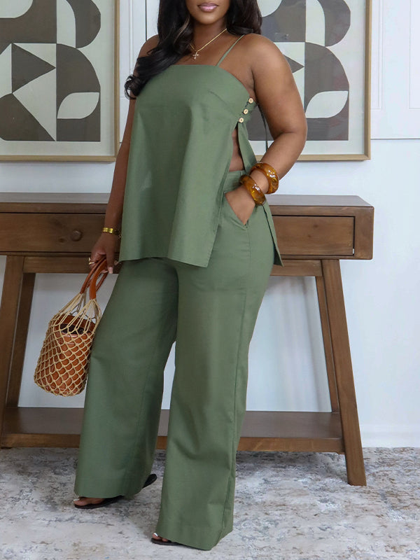 Side-Slit Cami Top & Pants Set Green