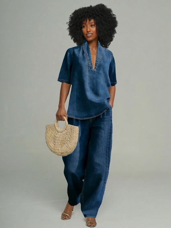 Denim V-Neck Top & Pants Set