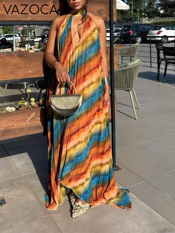 Printed Halter Pleated Dress
