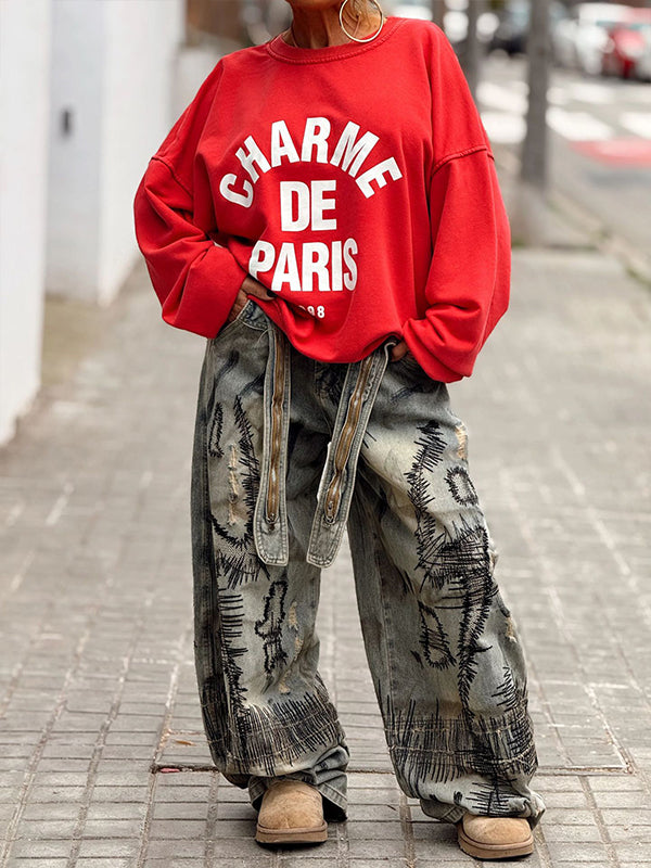 Printed Wide-Leg Jeans