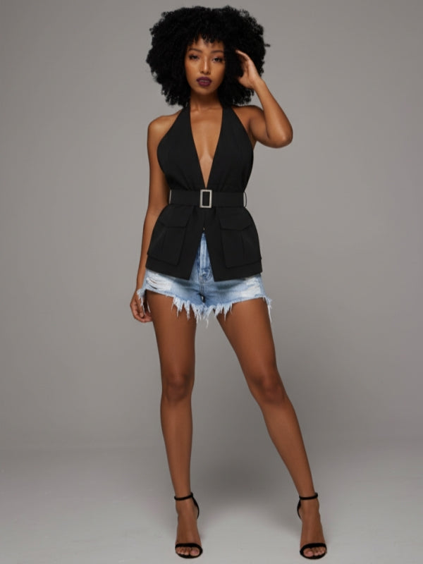 Solid Halter Belted Top