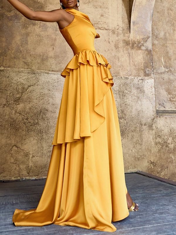 Boat-Neck Ruffle Slit Dress