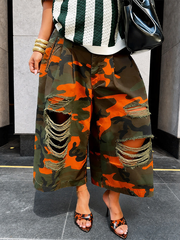 Camo Ripped Wide-Leg Cropped Pants
