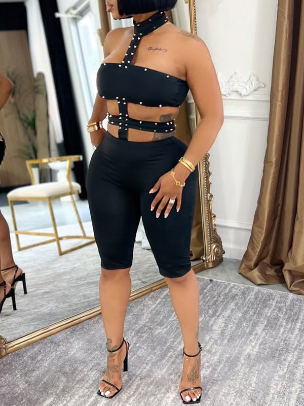 Studded Cutout Halter Romper