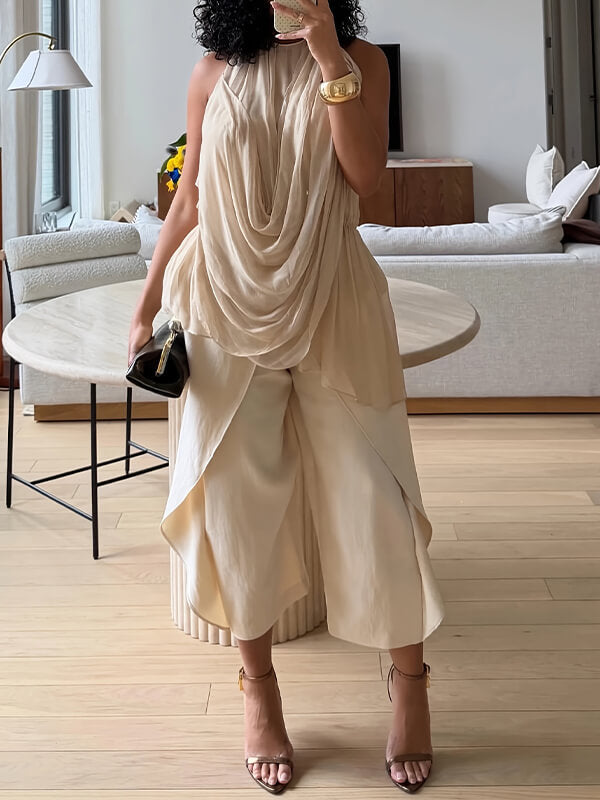 Draped Cowl Neck Top & Wide Leg Pants Set
