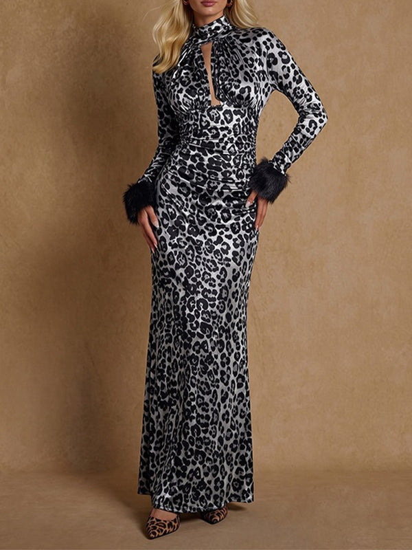 Faux-Fur Combo Leopard-print Mock-Neck Dress