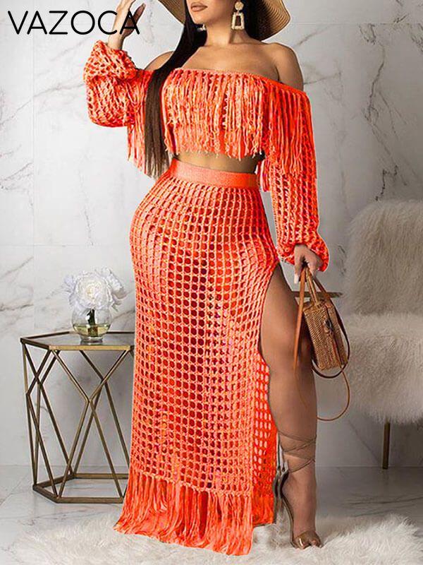 Mesh Tassels Crop Top & Skirt Set