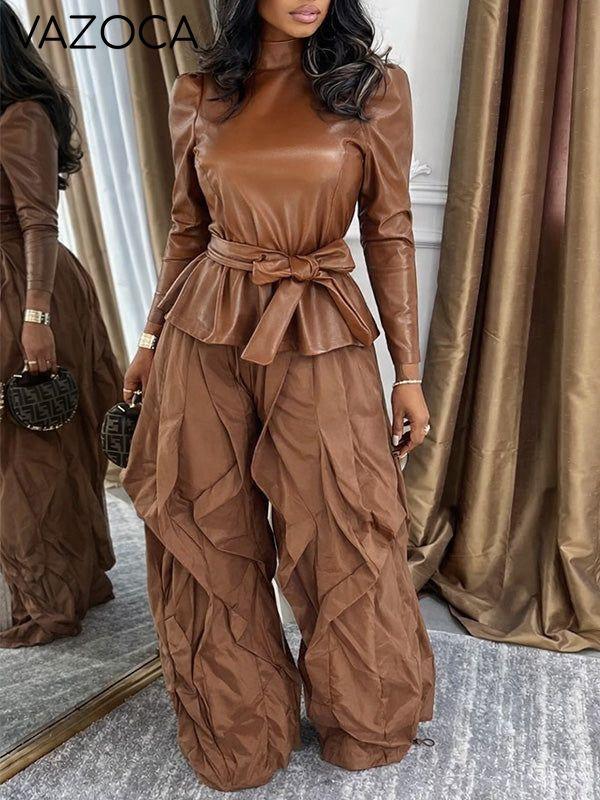 Faux-Leather Turtleneck Belted Top