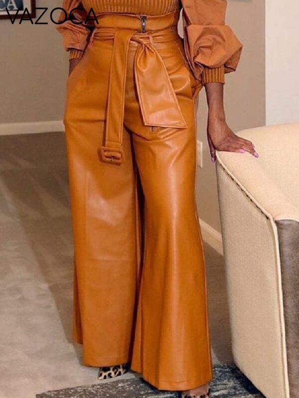 Faux-Leather Wide-Leg Belted Pants
