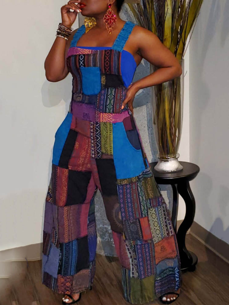 Casual Patchwork Loose Overalls