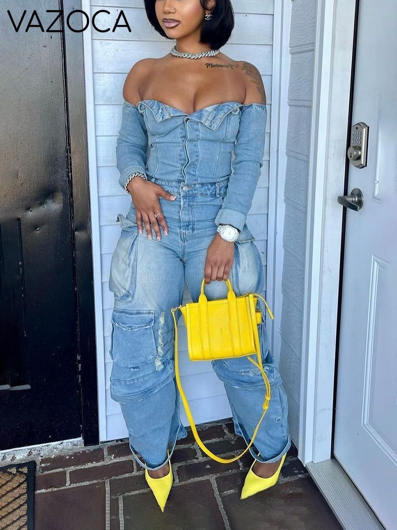Off Shoulder Denim Cargo Jumpsuit