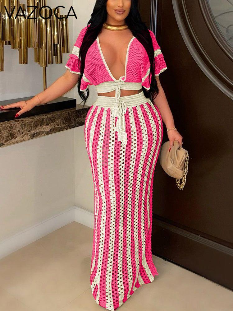 Breezy Crochet Stripe Skirt Set