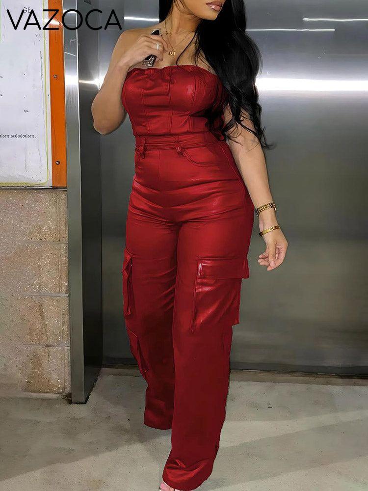 Leather Tube Cargo Jumpsuit
