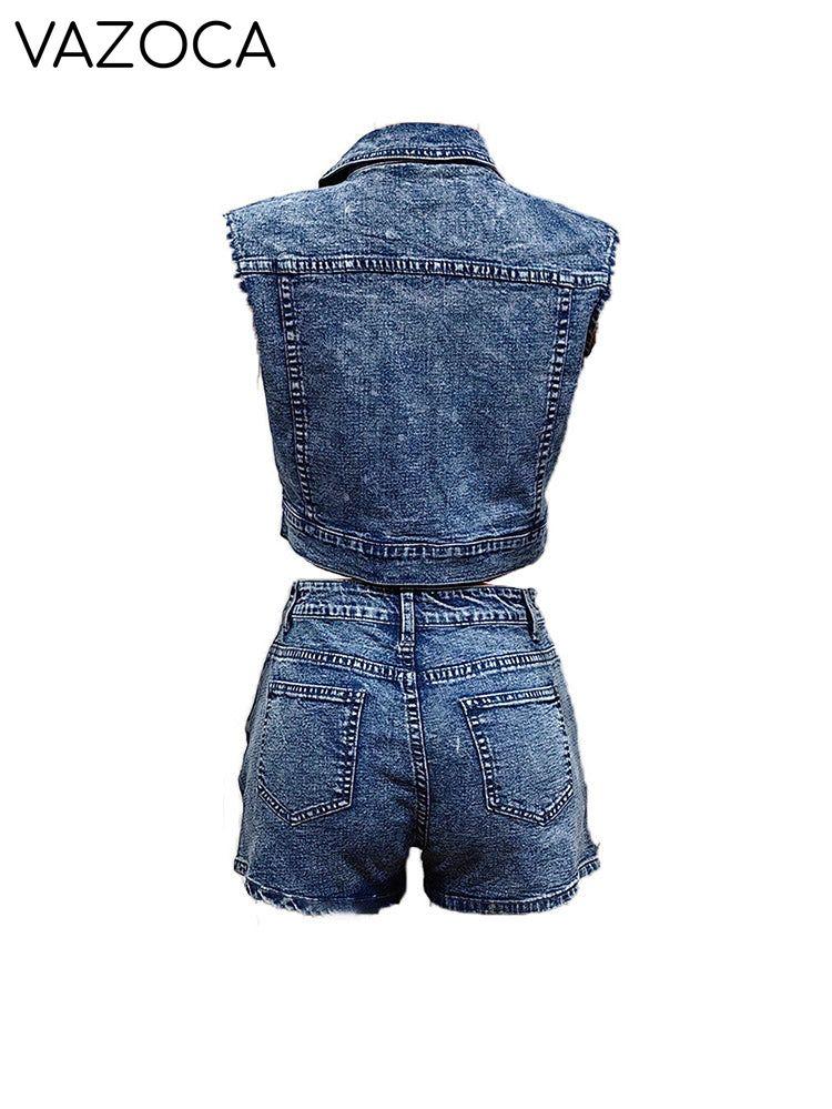Floral Print Denim Shorts Set