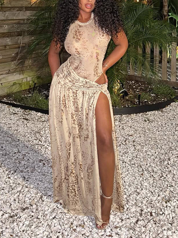 Printed Sleeveless Bodysuit & Slit Skirt Set