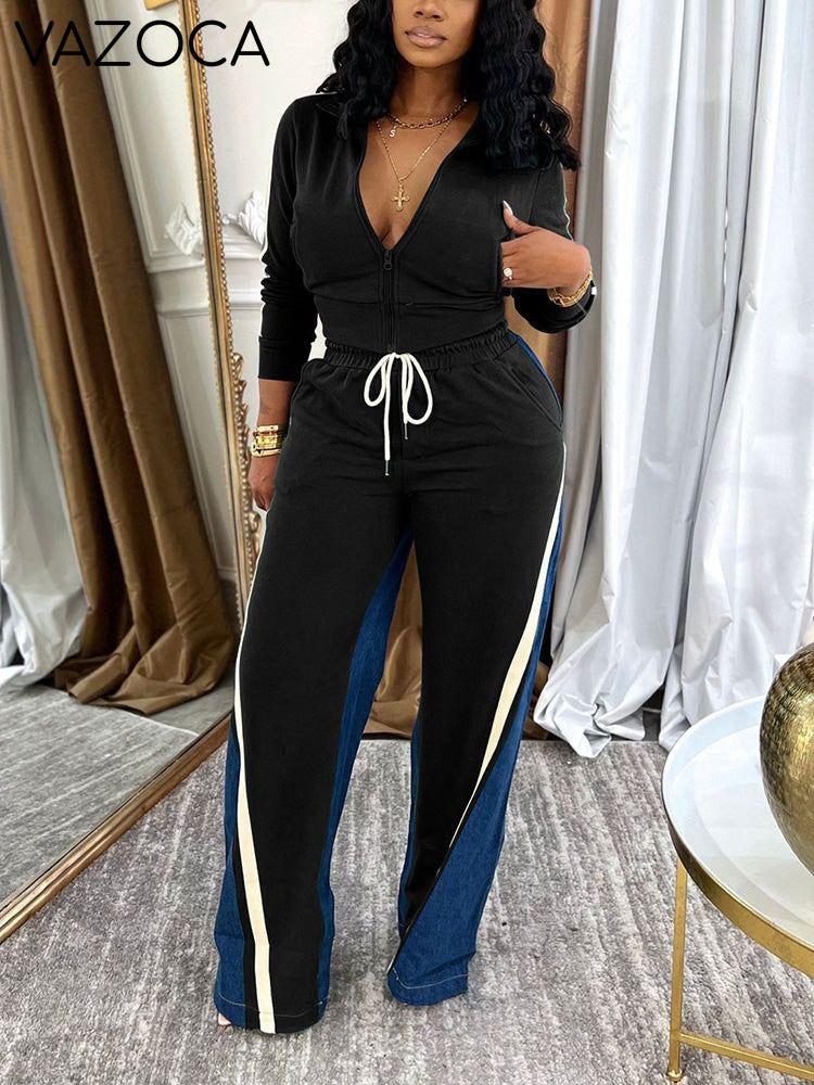 Cropped Jacket & Denim Contrast Pants Set