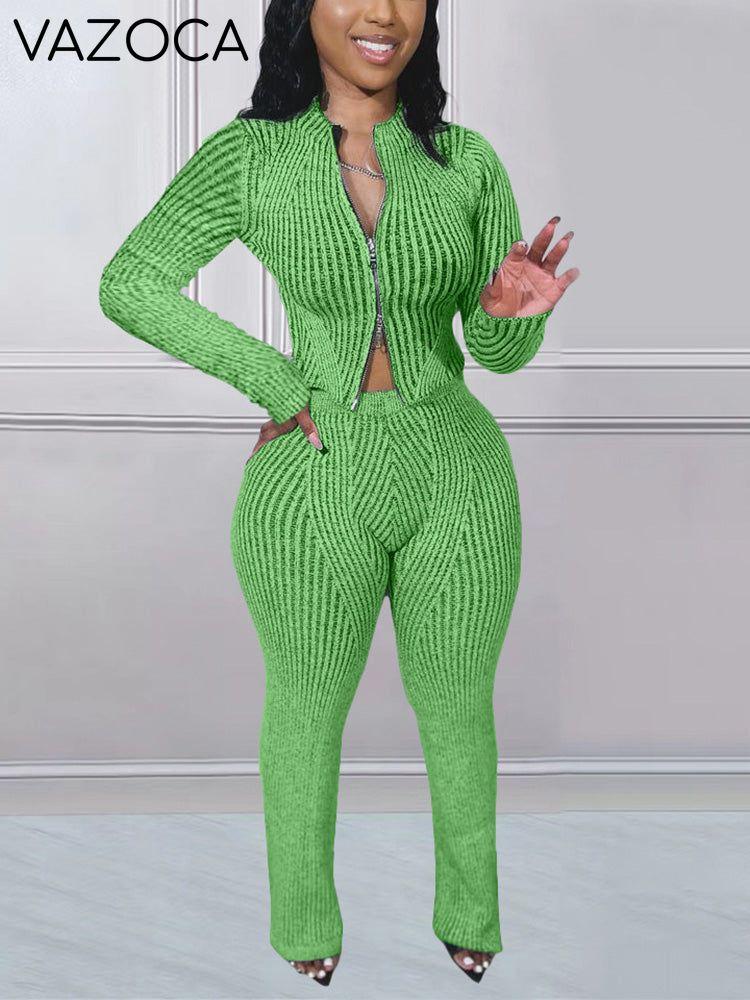 Knit Zipper Crop Top Slim Pants Set