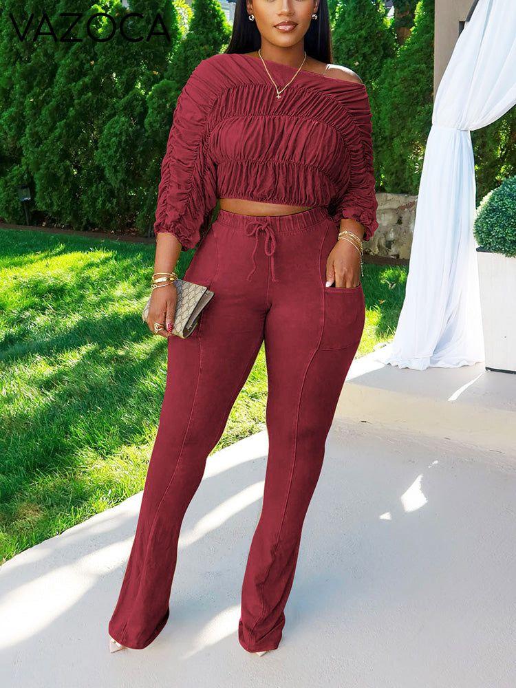 Washed Ruched Top & Flared Pants Set