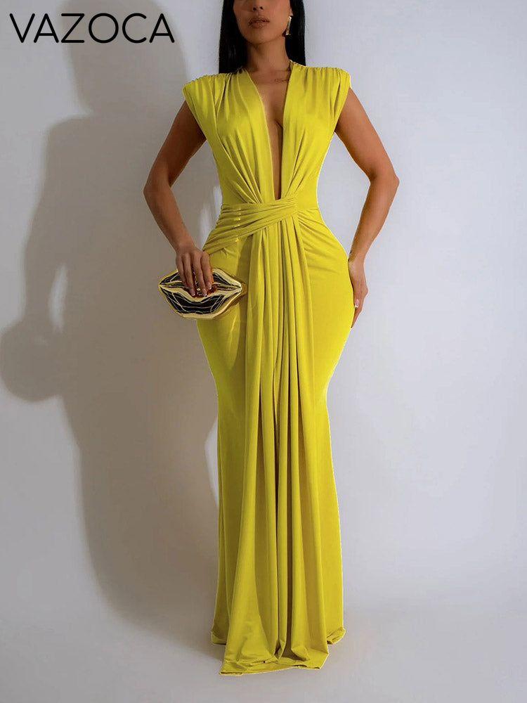 Elegant Plunge Draped Maxi Dress