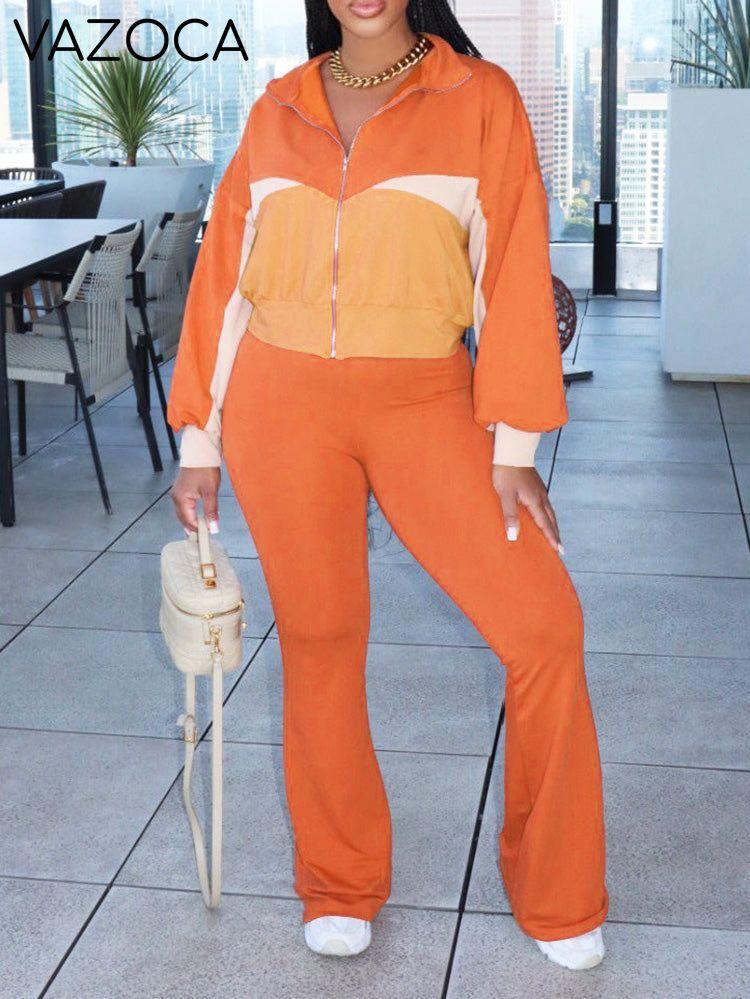 Colorblock Top & Flare Pants Set