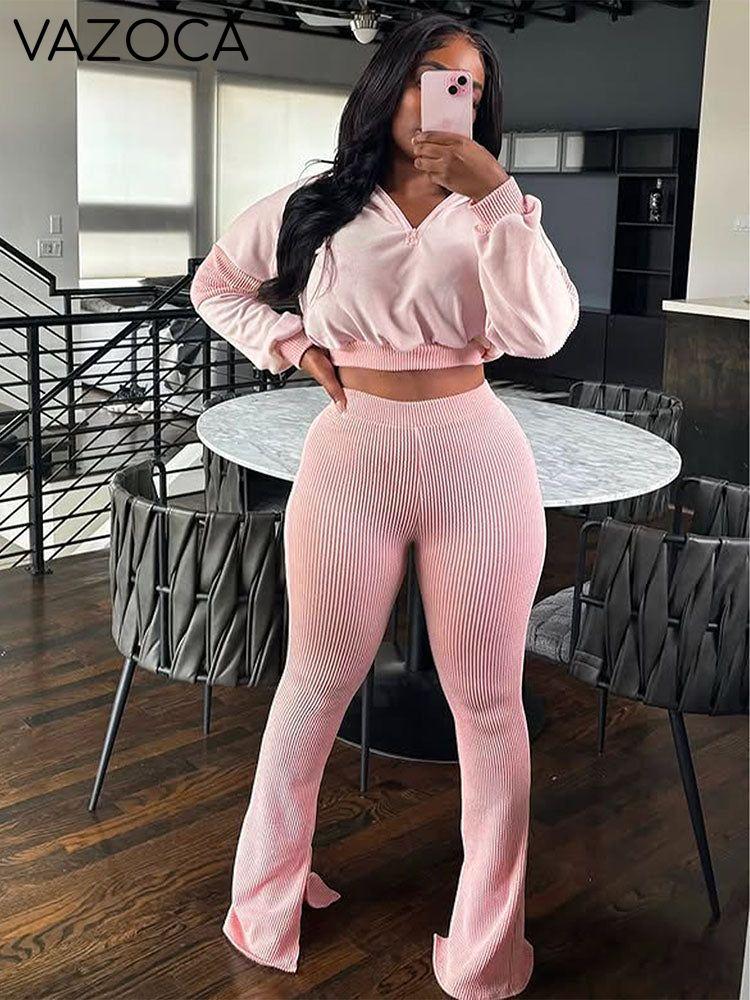 Textured Hooded Top & Flared Pants Set