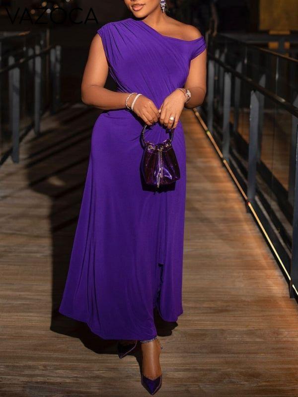 Asymmetric One-Shoulder Drape Slit Dress