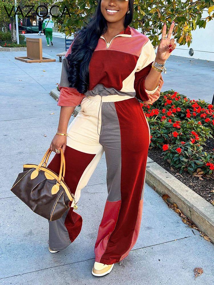 Colorblock Half-Zip Top & Wide Pants Set