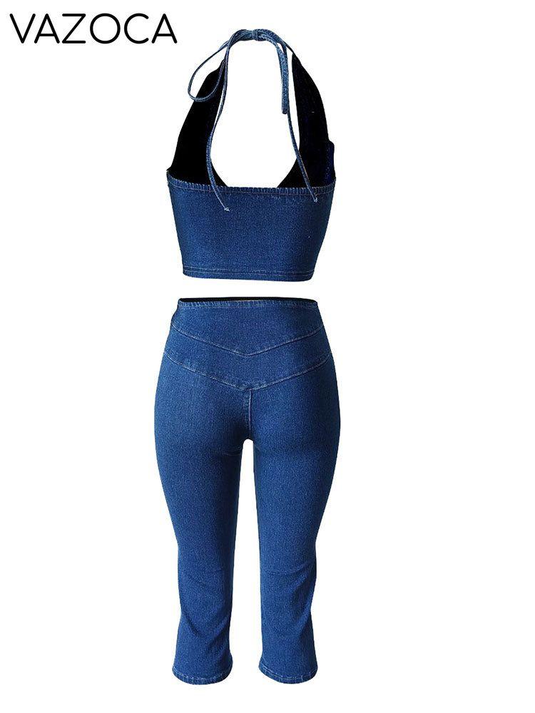 Denim Halter Crop Top & Capri Set
