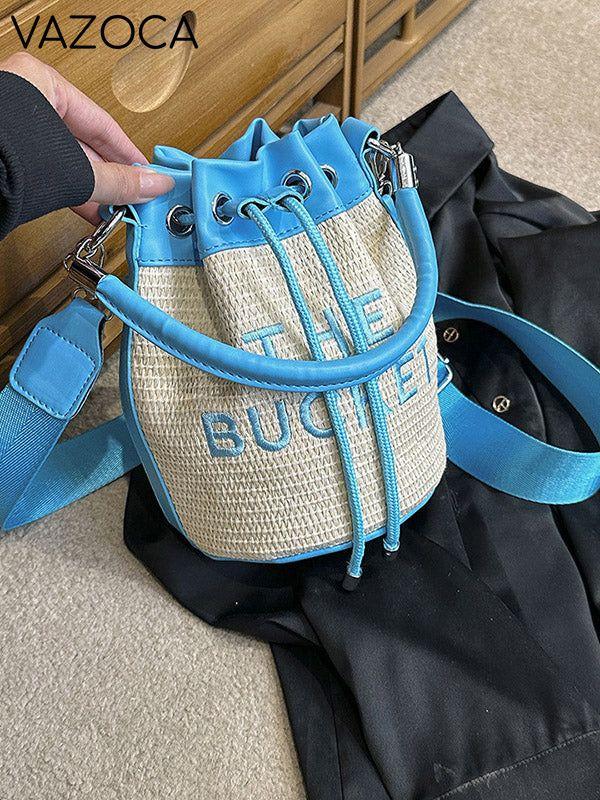 Straw Bucket Bag Blue