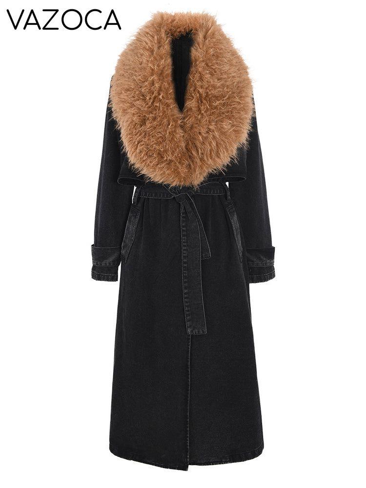 Fur Collar Denim Trench Coat