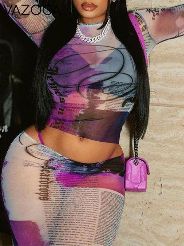 Printed Sheer Top & Skirt Set