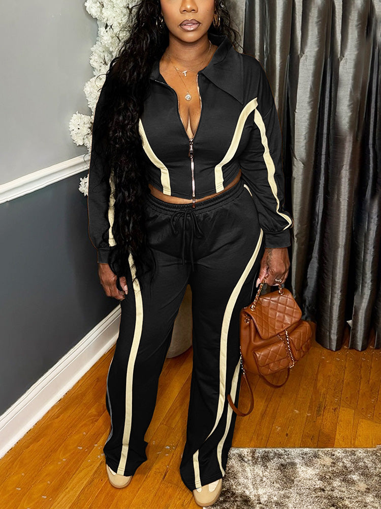 Contrast Zip-Front Jacket & Wide Pants Set