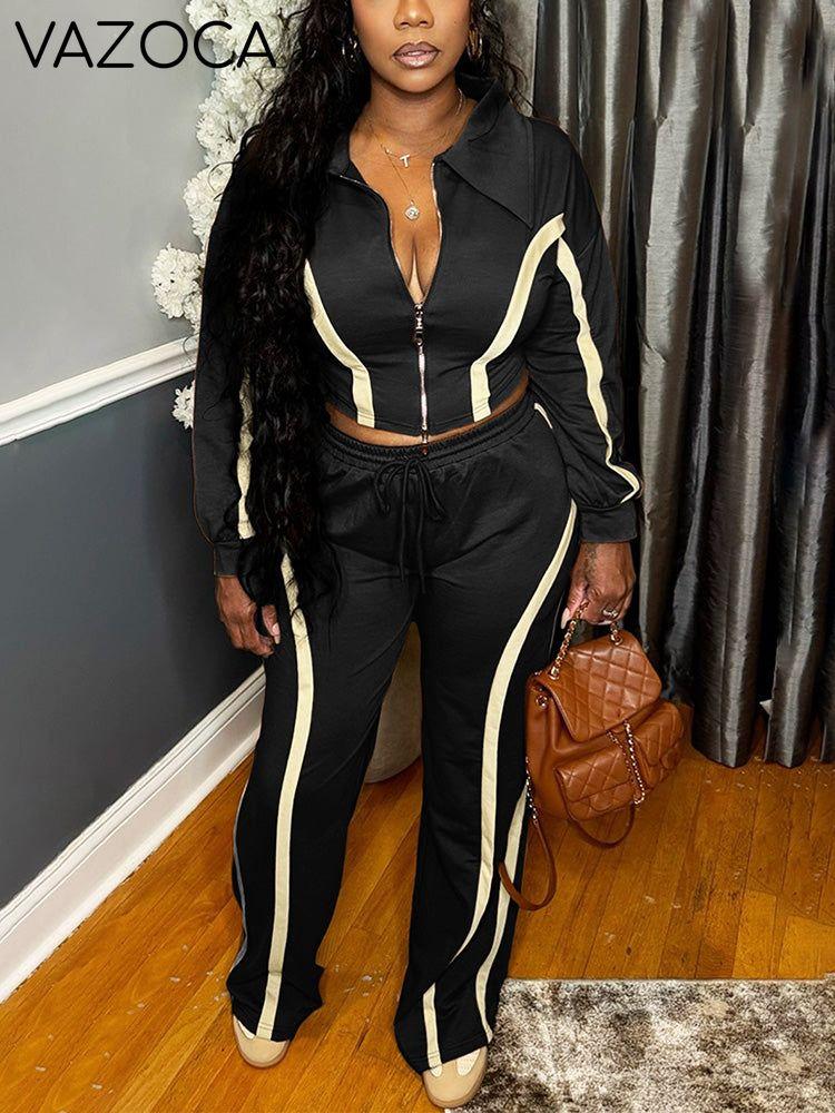 Contrast Zip-Front Jacket & Wide Pants Set