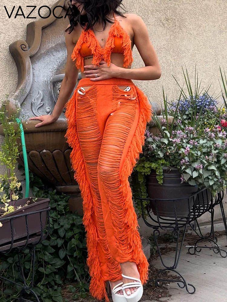Fringe Trim Halter Crop Top & Pants Set