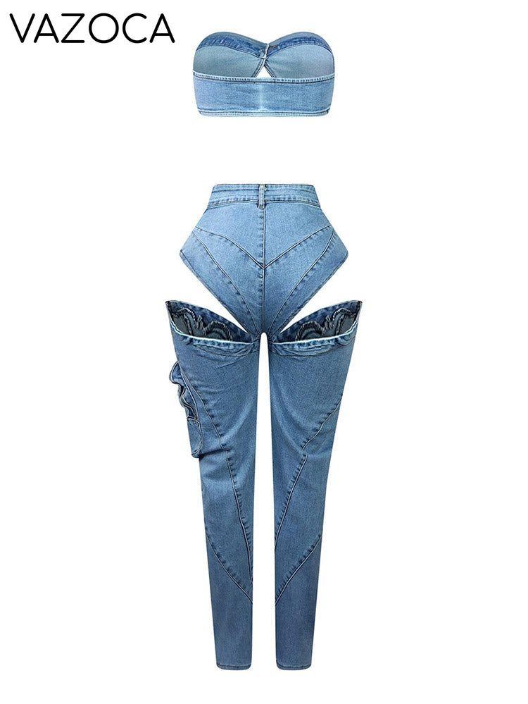 Denim Tube Top & Cutout Pants Set