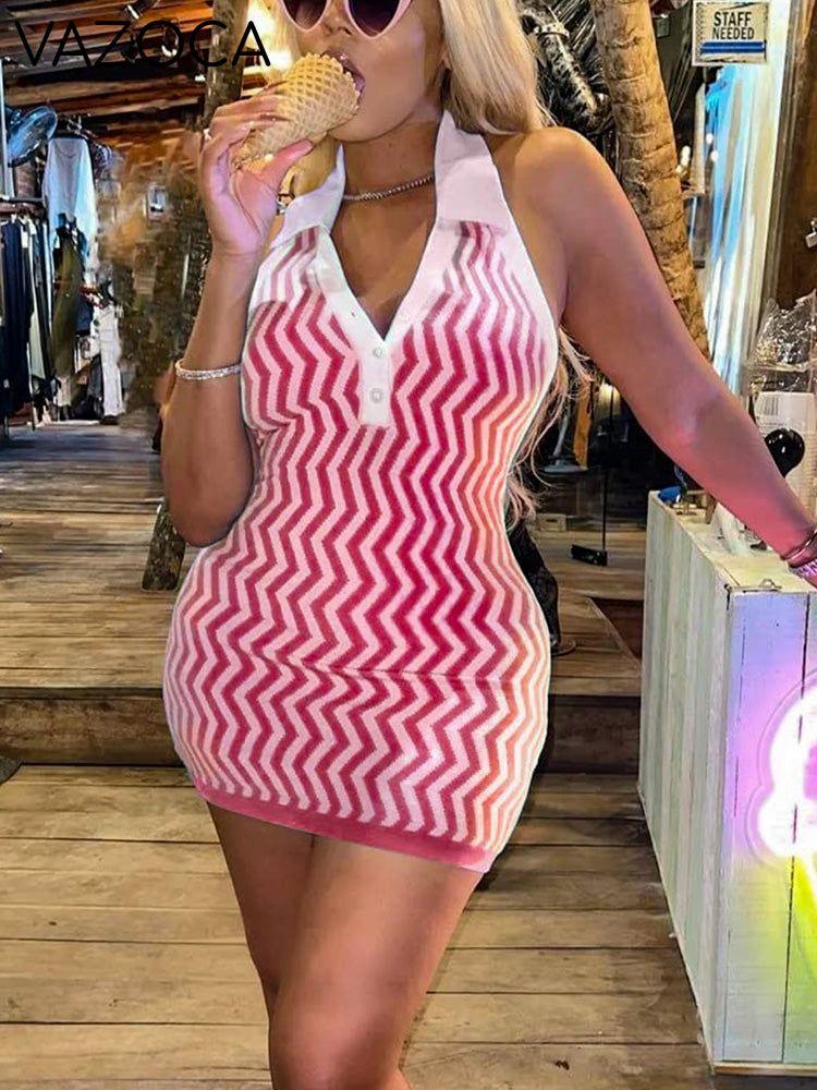 Halter V Neck Striped Dress