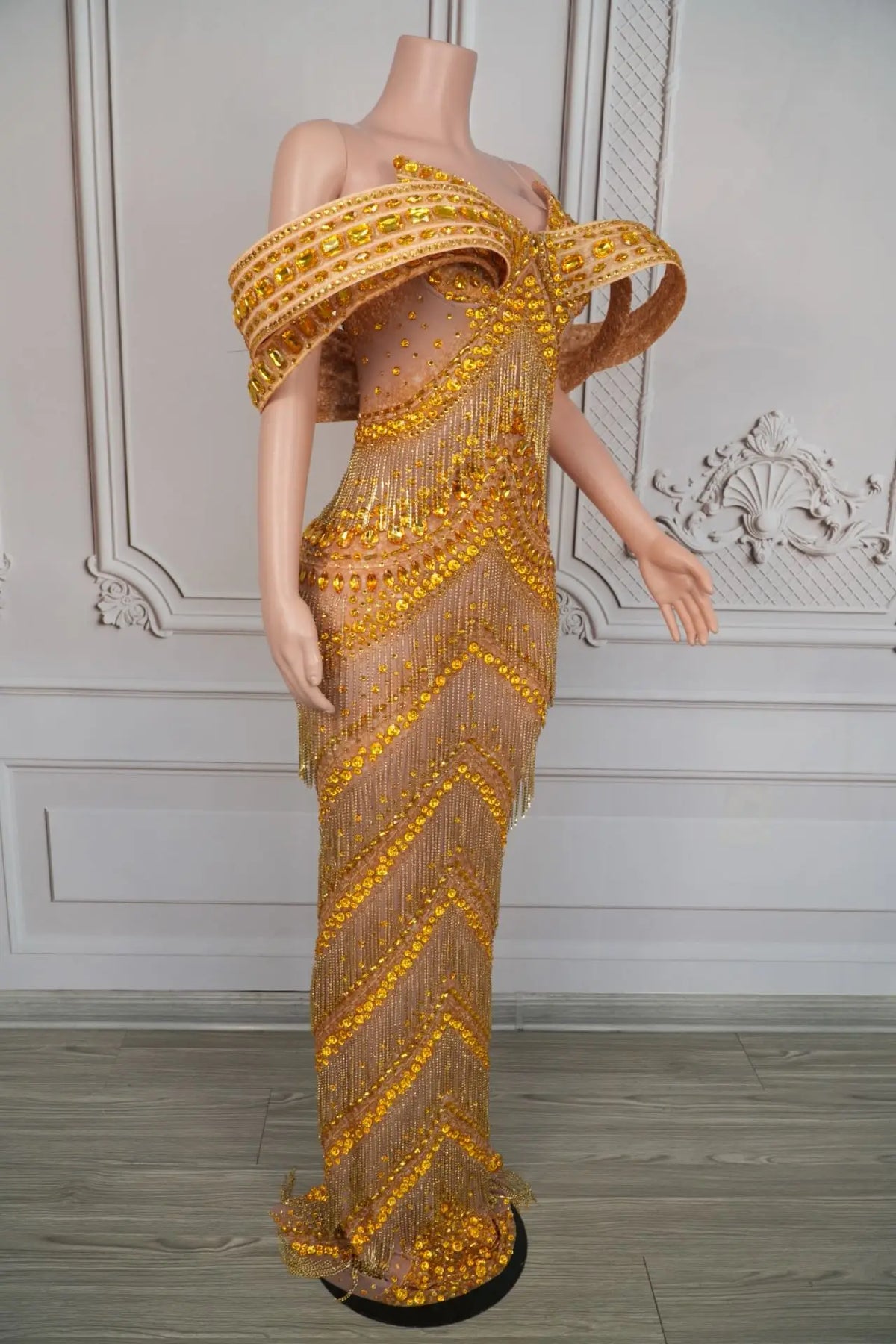 Grandiose Rhinestone Mesh Maxi Dress