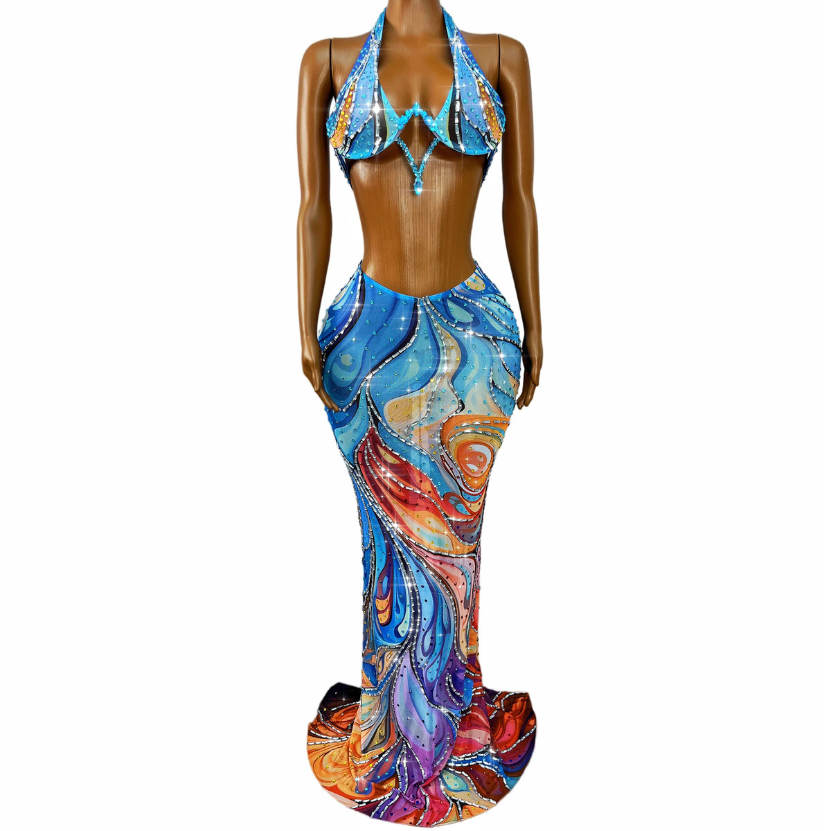 Abstract Swirl Rhinestone Skirt Set