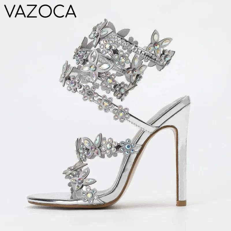 Butterfly Flowers Gladiator High Heels Silver