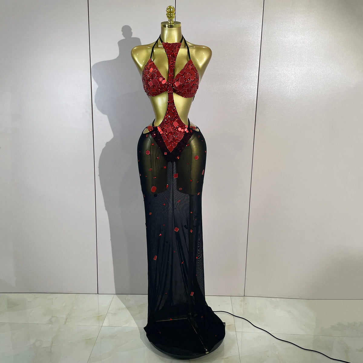 Red Mirror Bikini Mesh Dress Set