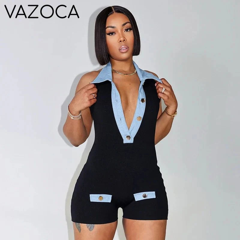 Denim Print Collar Button Romper